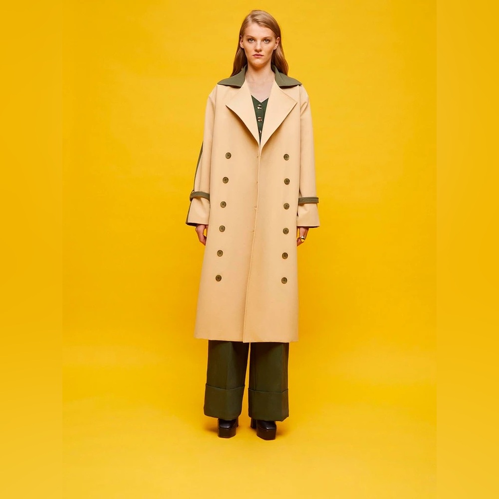 NWT Nocturne Beige & Green Double Breasted Trench Cost Sz Small